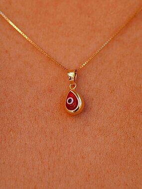 14k Solid Gold Tear Evil Eye Pendant Red Charm By Tehrani Jewelry